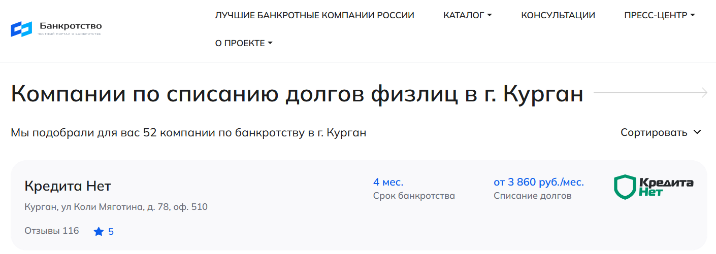 КредитаНет – первые в рейтинге компаний по банкротству в Кургане на сайте Банкротство Инфо